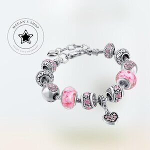 Long Way Silver Tone Chain Pink Crystal Love Heart Bead Glass Charm Bracelet